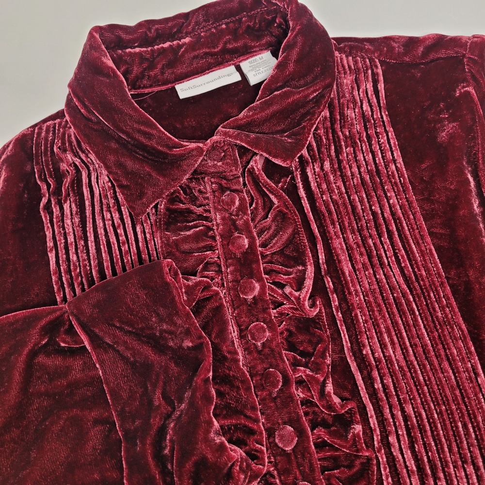 Soft Surroundings Blouse Womens M Burgundy Excellent Velvet Silk Ruffle Pintuck